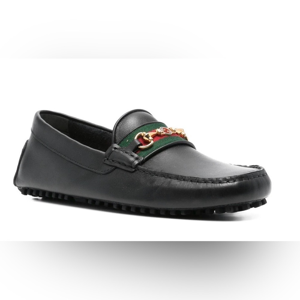 New! Gucci Black Leather Horsebit-Detail Loafer US 8